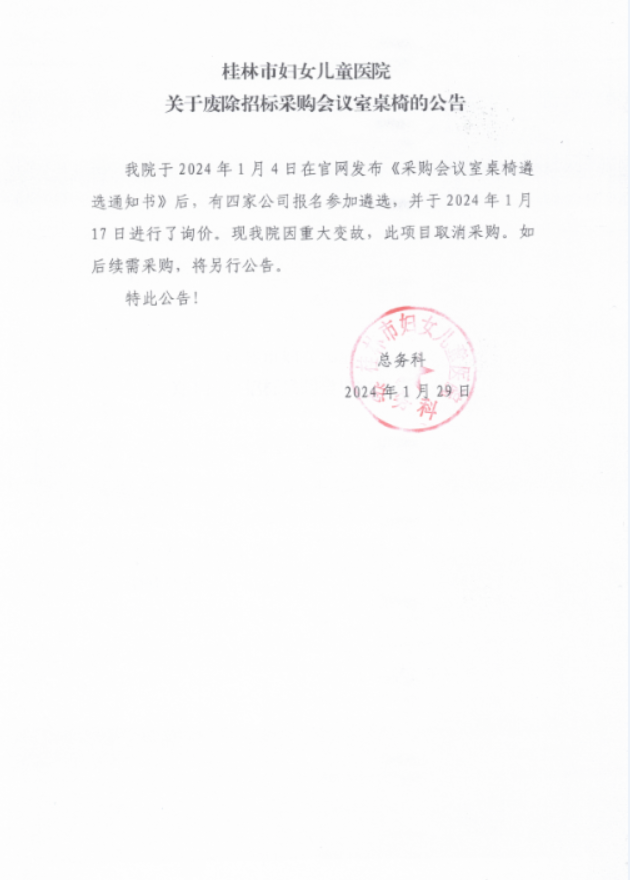 关于废除招标采购会议室桌椅的公告