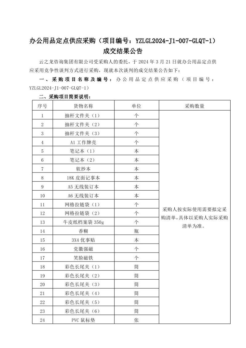 办公用品定点供应采购(项目编号:YZLGL2024-J1-007-GLQT-1)成交结果公告