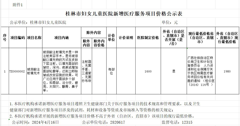 桂林市妇女儿童医院关于玻尿酸注射填充术的定价公示